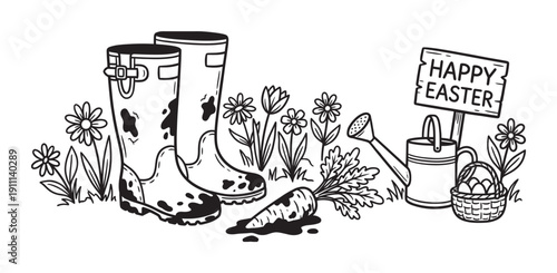 Muddy rubber boots in a spring garden scene with a Happy Easter sign, a basket of eggs, a watering can, and flowers in a black and white hand-drawn doodle illustration