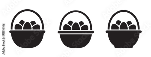Three black silhouette icons of Easter baskets filled with eggs in a minimalist graphic style, representing a collection of holiday symbols for a spring celebration and egg hunt