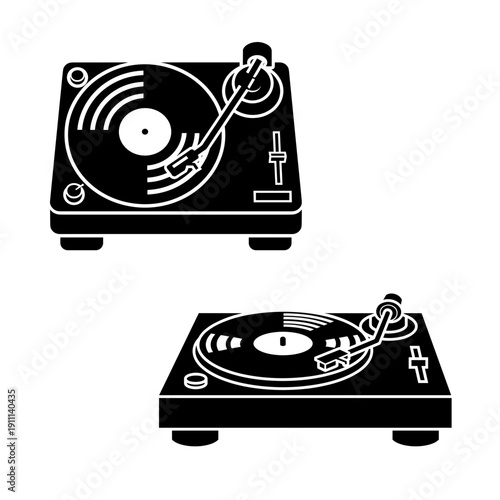 Black vinyl turntables with records and stylus in flat design  