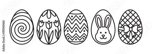 Set of five black line art Easter eggs decorated with various simple patterns including a spiral, tulips, zigzags, a bunny face, and a bow