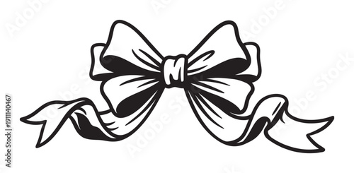 Black and white illustrated ribbon bow with flowing tails in a classic, hand-drawn graphic style for festive decoration or gift wrapping concepts