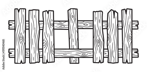 Black and white cartoon wooden fence illustration with rustic planks and a simple, bold outline style, showing a classic farm or garden boundary element in a graphic vector design