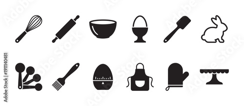 Kitchen utensil and baking tools icon set featuring a whisk, rolling pin, oven mitt, apron, and rabbit cookie cutter in a simple graphic silhouette style
