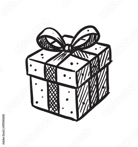 Hand-drawn black and white gift box with a large ribbon bow, decorated with dots and hatching, is rendered in a charming and simple doodle sketch illustration style