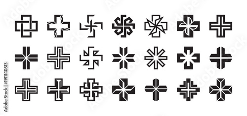 Diverse collection of black cross icons featuring various geometric, ornamental, and abstract designs in a minimalist graphic style for logo and symbol creation