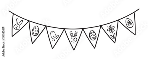 Hand-drawn Easter bunting garland decoration featuring cute doodle icons of a bunny, chick, flower, and eggs, illustrated in a minimalist black outline style for a spring holiday