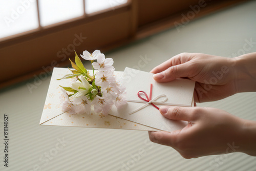 Women's hands hold a traditional Japanese gift envelope (shugibukuro) decorated with cherry blossoms, which is used to give money for festive occasions.