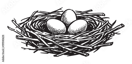 Bird's nest with three eggs hand-drawn in a black and white sketch style, featuring a rustic design with twigs, bold ink lines, and detailed cross-hatching for texture