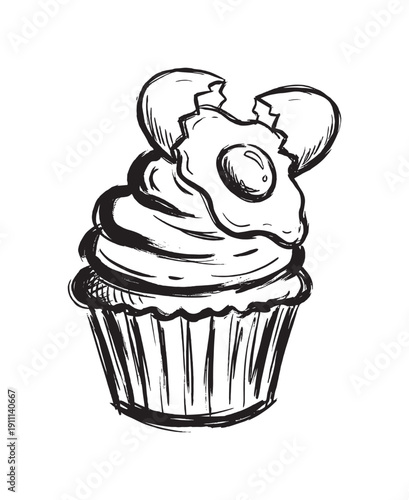 Hand-drawn black and white cupcake topped with a fried egg and cracked shell, rendered in a rough, sketchy brush stroke style for a surreal food concept illustration