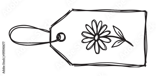 Hand-drawn black and white gift tag featuring a simple daisy flower sketch, rendered in a charming doodle style with rough outlines and an attached string loop for presents