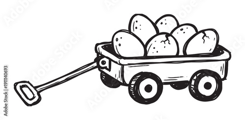 Hand-drawn black and white toy wagon filled with many speckled and cracked eggs, a simple doodle illustration symbolizing risk, investment, and fragility