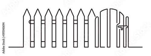 Wooden picket fence in a continuous line drawing style, transitioning from a new, neat structure to an old, broken, and dilapidated barrier with bent planks