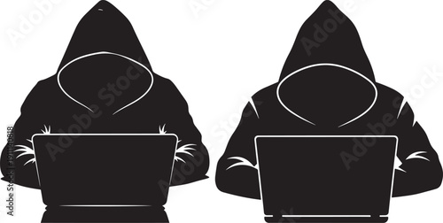 Hooded Hacker Working on Laptop Icon, Representing Cybersecurity, Cybercrime, and Anonymous Online Activity