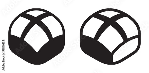 Two abstract geometric black and white icons with a rounded shape and intersecting lines, creating a stylized flower bud or global symbol for branding and corporate identity