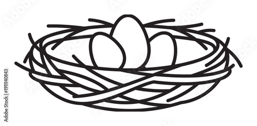 Bird's nest with three eggs drawn in a simple black and white line art style, symbolizing new life, family, home, and nature in a minimalist graphic illustration