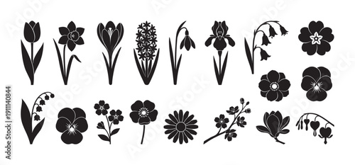 Collection of black spring flower vector silhouettes including tulip, daffodil, crocus, hyacinth, snowdrop, iris, bluebell, primrose, pansy, and lily of the valley icons