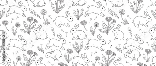 Black and white seamless pattern of cute hand-drawn bunnies hopping and sitting among dandelion flowers and seeds in a whimsical line art illustration for textile or wallpaper