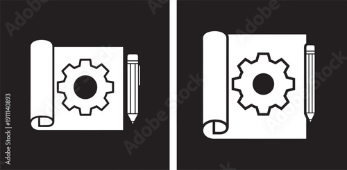 Engineering Blueprint with Gear and Pencil Icon Representing Design, Planning, and Technical Development