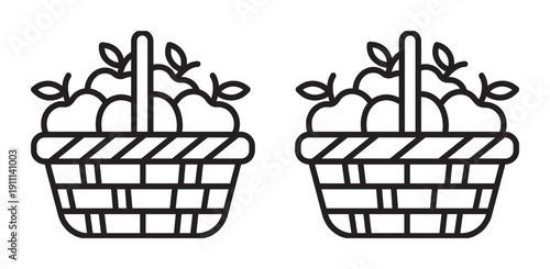 Two black line art icons of a wicker basket full of fresh apples with leaves, representing a bountiful harvest, healthy eating, and organic food in a simple minimalist vector style