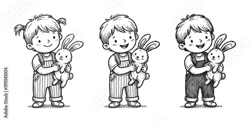 Hand-drawn children holding stuffed bunny toys in a charming black and white doodle style illustration set, featuring cute girl and boy characters with happy smiling faces for coloring
