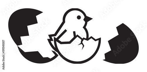 Newborn chick hatching from a cracked egg in a simple black and white graphic illustration, representing new beginnings, birth, innocence, and the concept of life