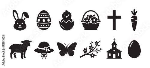 Collection of black Easter holiday icons featuring a bunny, egg, chick, basket, cross, lamb, and church in a simple graphic silhouette style for spring celebrations