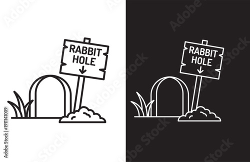 Rabbit hole line icon with a sign and arrow pointing down into the burrow entrance, a metaphor for deep exploration, curiosity, and entering a strange or confusing situation