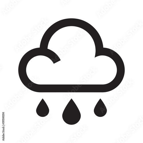 Black rain icon with a cloud and three raindrops symbolizes rainy weather and precipitation, designed in a simple, minimalist, and bold graphic style for a weather forecast