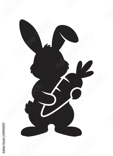 Black silhouette of a cartoon rabbit standing on its hind legs while holding a large carrot is a minimalist graphic illustration of a cute bunny with long ears and a fluffy tail