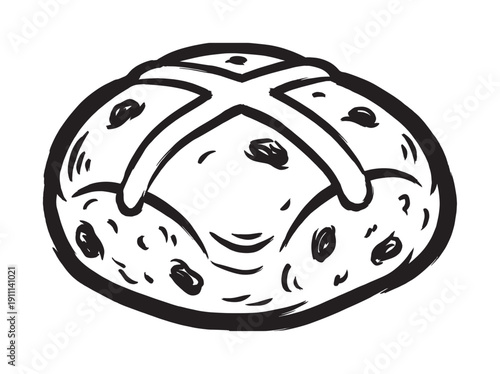Hot cross bun with raisins is depicted in a bold black and white hand-drawn sketch style, showcasing the traditional pastry cross on its top for an artistic food concept