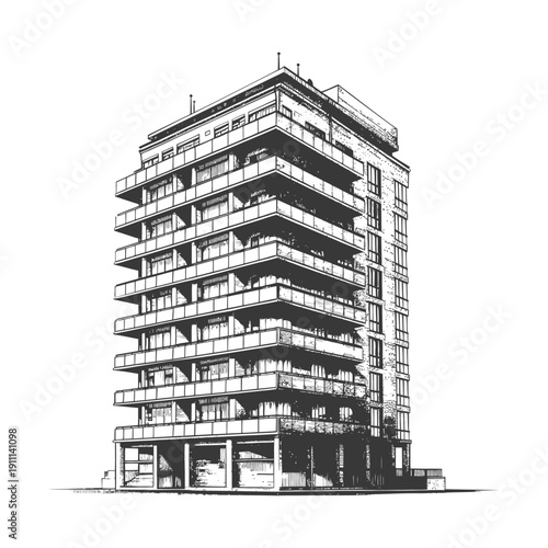 Modern apartment building with balconies depicted in monochrome architectural sketch