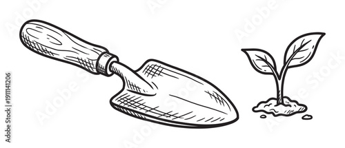 Hand-drawn garden trowel and a small seedling sketch representing planting, growth, and horticulture in a simple black and white line art doodle style illustration