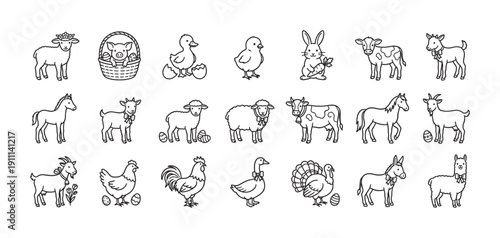 Set of cute cartoon farm animal icons for the Easter holiday, featuring a lamb, pig, chick, rabbit, cow, and horse in a simple black and white line art style