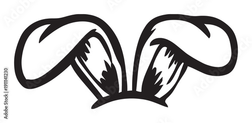 Black and white cartoon bunny ears illustration with a hand-drawn, floppy design and jagged fur details, creating a playful and cute graphic element for festive holiday concepts