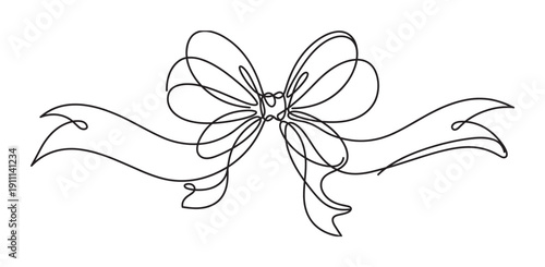 Black ribbon bow drawn in a continuous single line art style creates an elegant and minimalist decorative element for a celebration, gift wrapping, or special occasion
