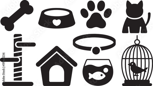 Black and white pet related including dog bone and bowl cat and birdcage animal