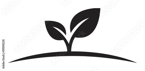 Black plant sprout icon with two leaves growing from the ground, representing new life, growth, and nature in a simple, minimalist flat vector graphic illustration