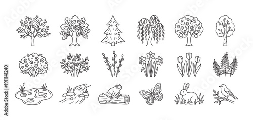 Large set of black line art icons depicting spring nature elements like trees, flowers, and animals in a simple, hand-drawn doodle style for design or coloring