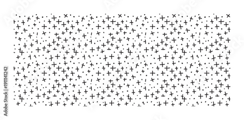Hand drawn black plus signs and dots create a simple, minimalist seamless pattern with a playful, chaotic texture, perfect for modern graphic design and abstract decorative elements