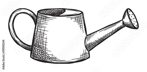 Hand-drawn watering can illustration with a classic design, featuring a long spout, sprinkler head, and handle, rendered in a black and white sketch style with cross-hatch shading