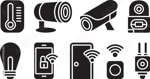 Black and white smart home device including security cameras and smartphone device security cameras