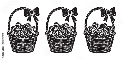 Three black and white Easter baskets filled with patterned eggs and a festive bow on the handle, depicted in a simple graphic linocut style illustration for a spring holiday celebration