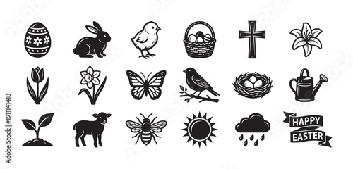 Set of black and white Easter and spring icons featuring a bunny, chick, decorated egg, cross, lamb, flowers, and other holiday symbols in a clean graphic silhouette style