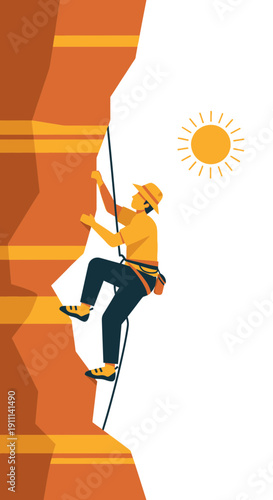 Person Ascending Rocky Cliff Face Under Bright Sunny Sky