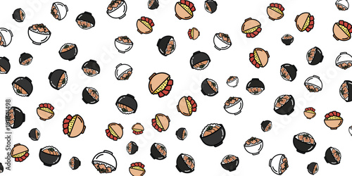 A delightful pattern of food items including burgers and sushi rolls on a white background