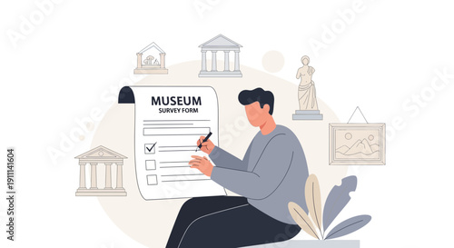 Person Completing Museum Visitor Survey Form With Art and Architecture Elements