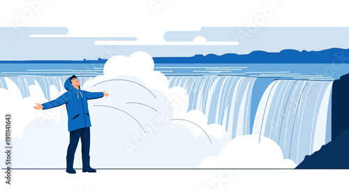 Person Embracing Majestic Waterfall With Arms Outstretched