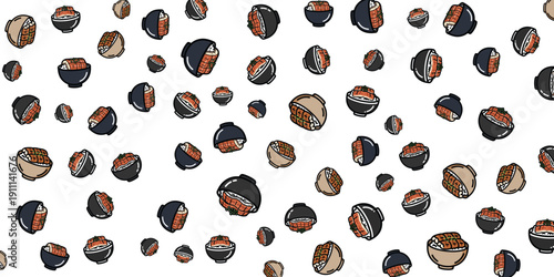 A whimsical scattered pattern of stylized sushi rolls on a white background