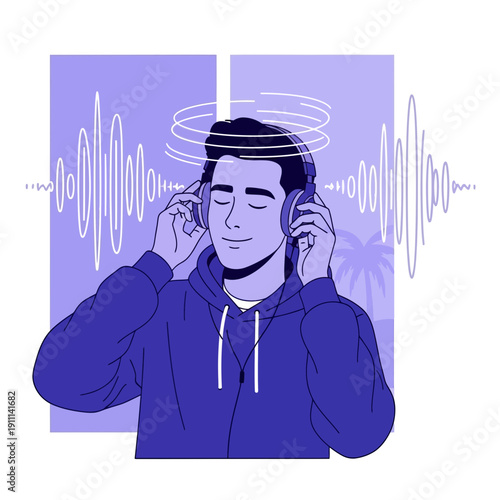 Person Enjoying Music With Headphones And Sound Waves Illustration