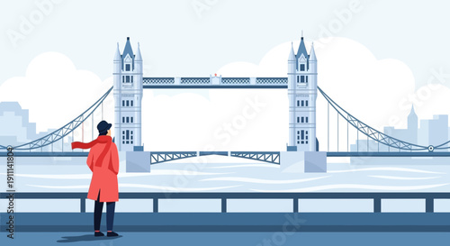 Person Gazing At Iconic London Bridge Landmark In Wintery Scenery